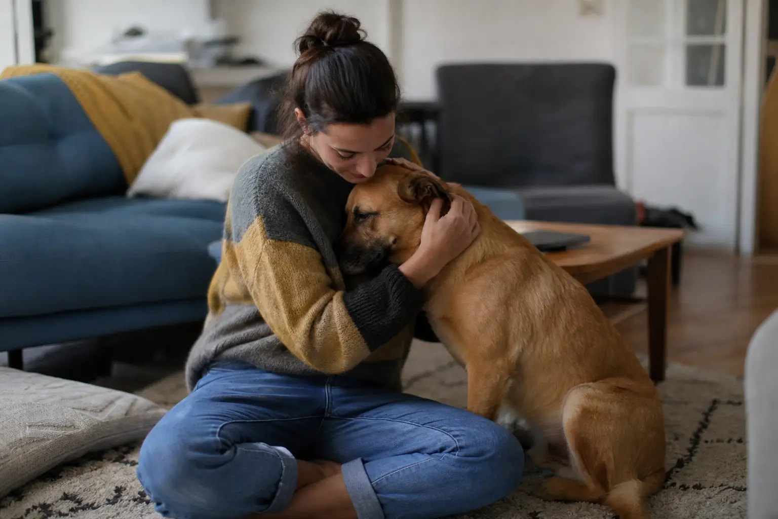 Femme assise sur le tapis de son salon serrant contre elle son chien croisé au poil fauve