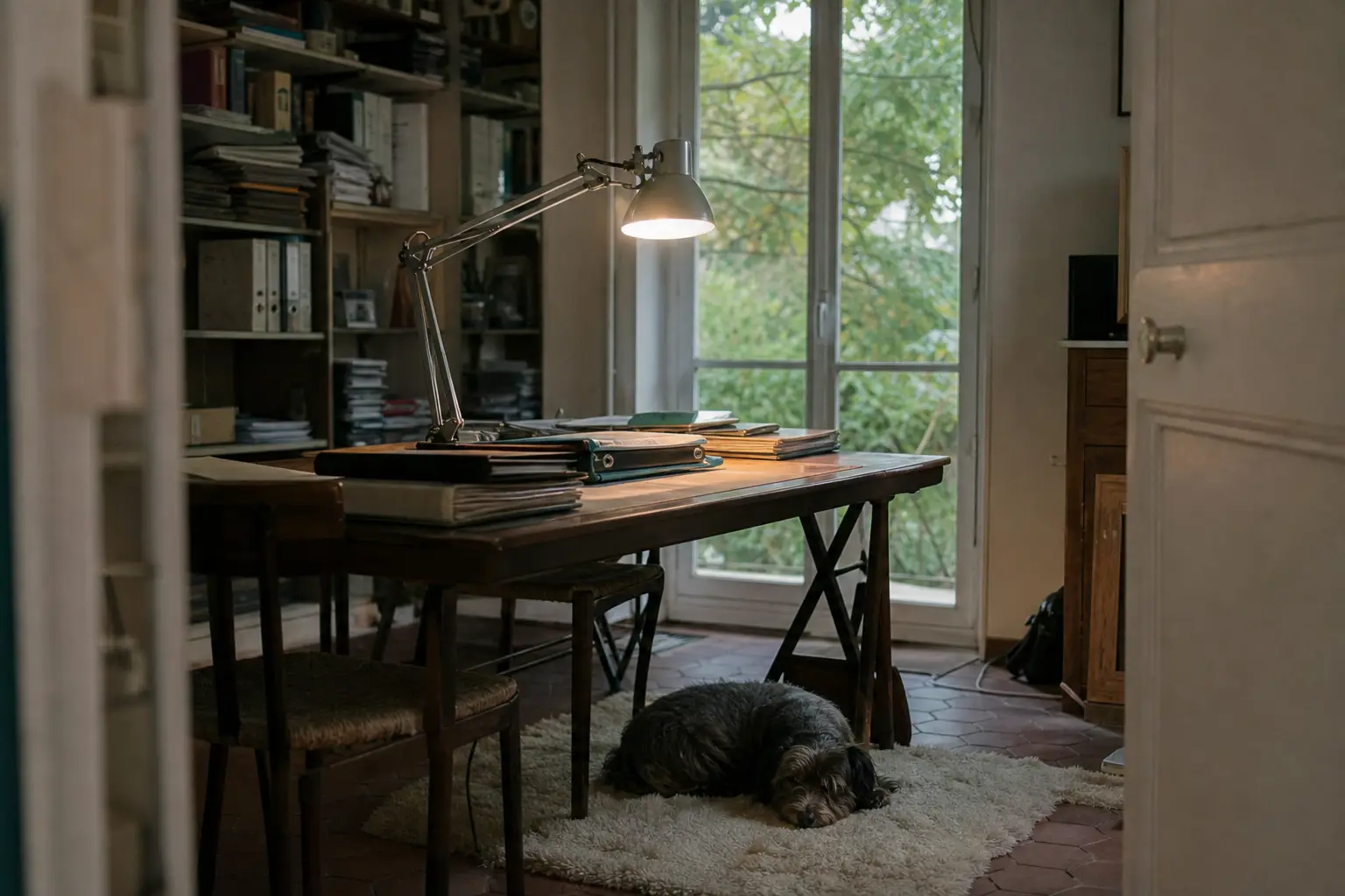 Pièce de travail calme avec une grande table en bois, des classeurs et un chien endormi sur un tapis