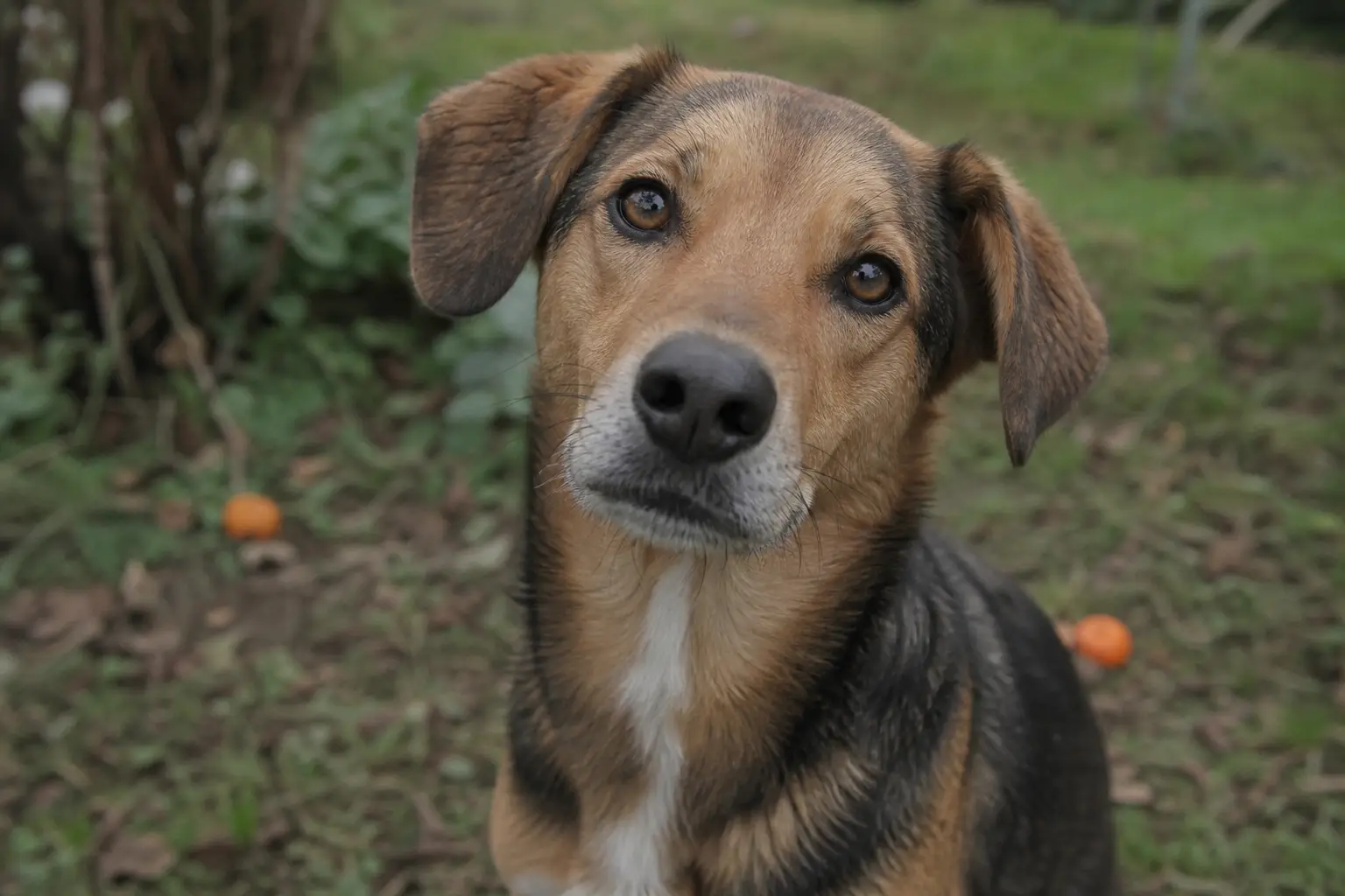 Portrait rapproché d'un chien croisé au pelage fauve et noir assis dans un jardin en fin d'après-midi