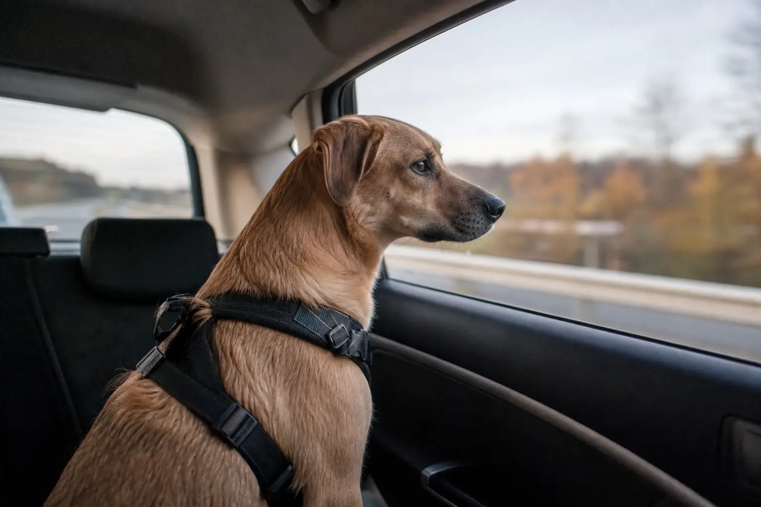 Chien installé dans un harnais de sécurité sur la banquette arrière d'une voiture regardant par la fenêtre