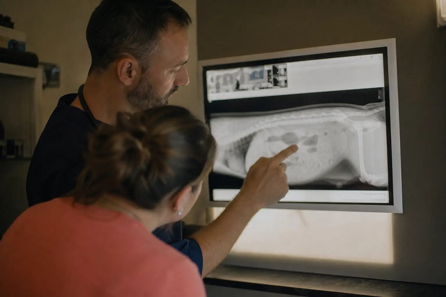 Vétérinaire montrant une radiographie abdominale à une propriétaire sur un écran lumineux