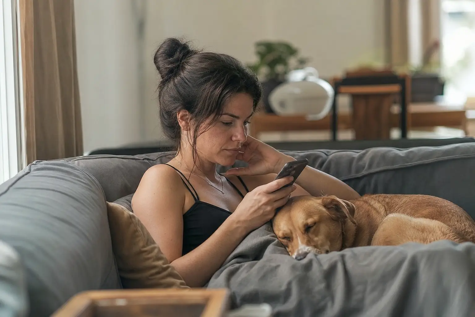 Femme consultant son téléphone dans un salon lumineux, son chien endormi contre elle sur le canapé