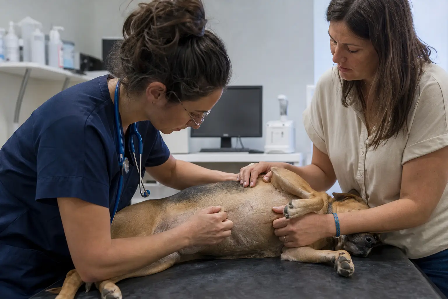 Vétérinaire examinant la peau du ventre d'un chien couché sur le flanc pendant que sa propriétaire le rassure