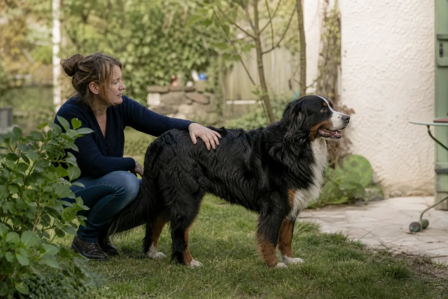 Bouvier bernois adulte debout dans un jardin, sa propriétaire accroupie à côté de lui une main sur son dos
