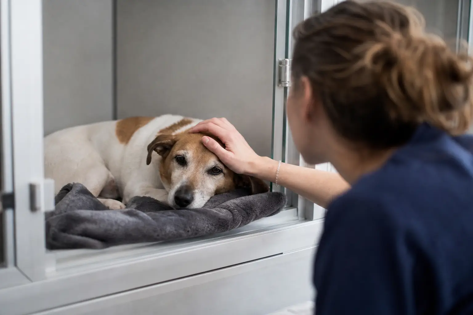 Chien de taille moyenne se reposant sur une couverture dans un box d'hospitalisation vétérinaire lumineux