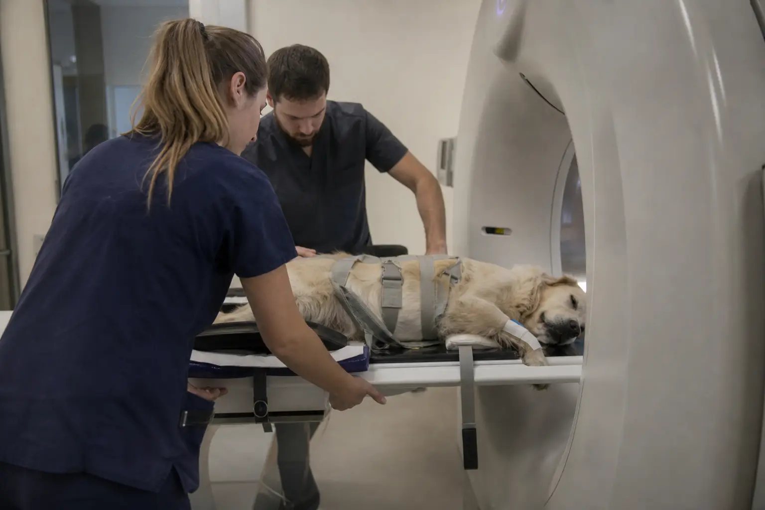 Équipe vétérinaire installant un chien endormi sur la table d'un scanner dans une salle d'imagerie moderne