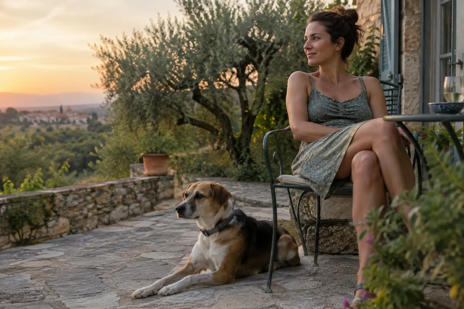 Chien couché sur la terrasse en pierre d'une maison du sud de la France au crépuscule, aux pieds de sa propriétaire