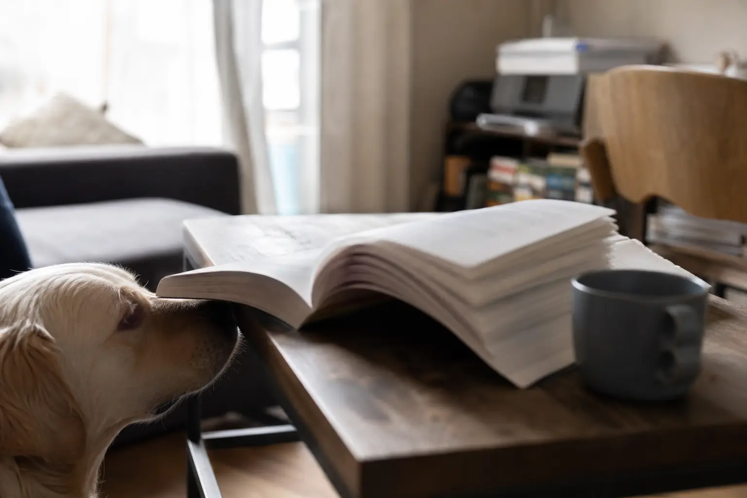 Dictionnaire ouvert sur une table de salon en bois, le museau d'un chien posé sur le coin de la table