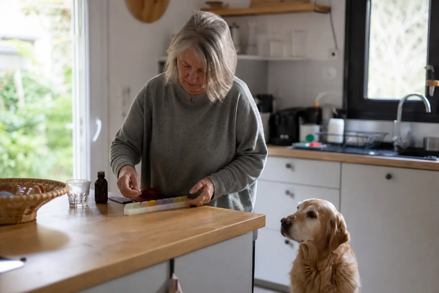 Femme préparant des comprimés dans un pilulier sur le plan de travail de la cuisine, son chien âgé assis à côté