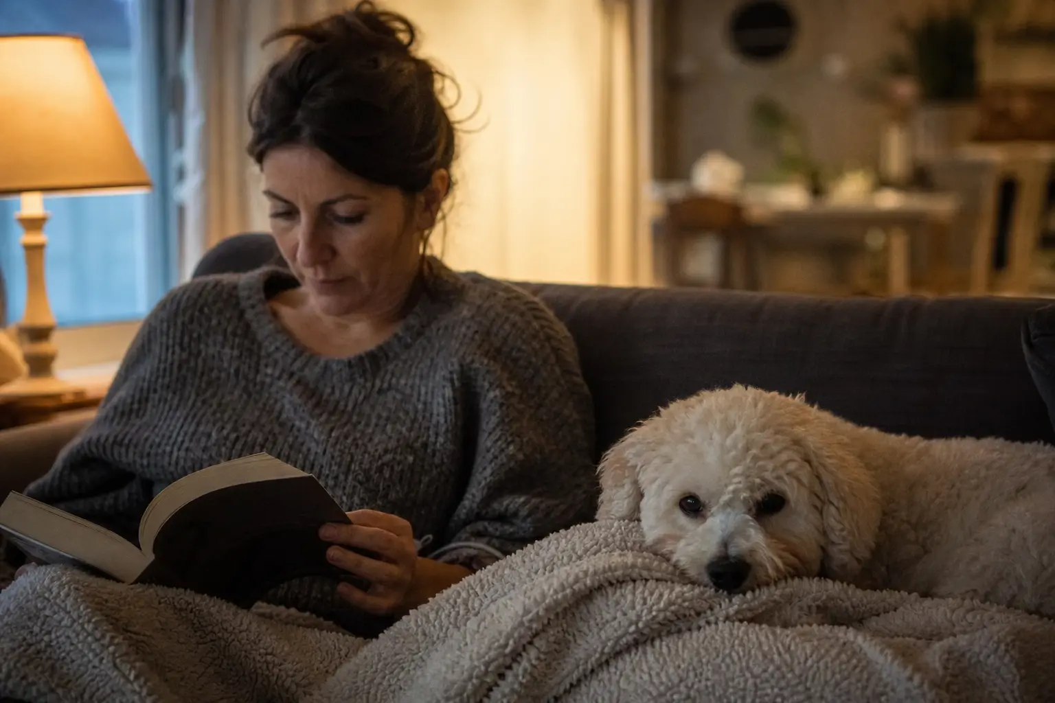 Petit chien de type bichon couché sur un plaid dans un canapé pendant que sa propriétaire lit à côté