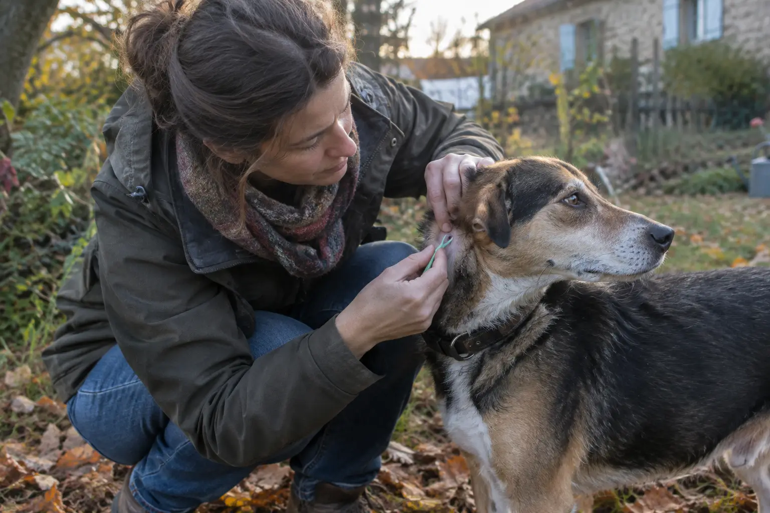 Femme accroupie dans un jardin en automne retirant une tique du cou de son chien avec un tire-tique