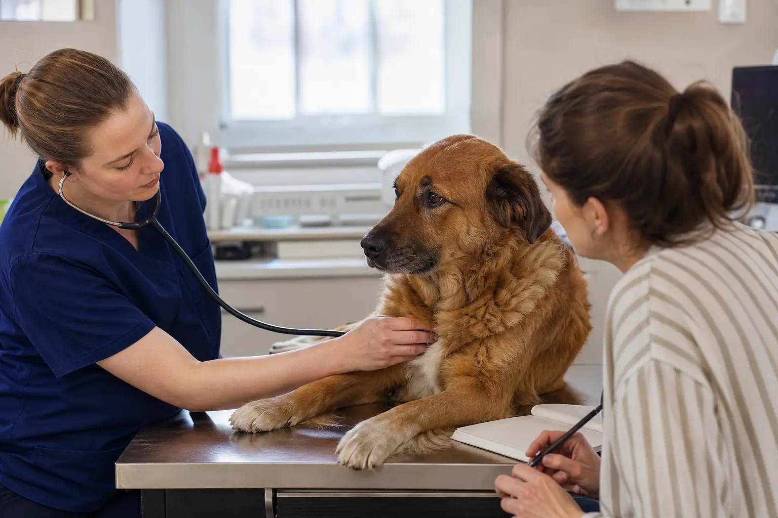 Vétérinaire auscultant un chien sur la table d'examen pendant que la propriétaire prend des notes
