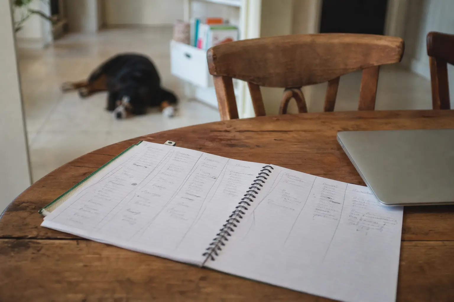 Tableau comparatif dessiné à la main sur un carnet, à côté d'un ordinateur portable et d'un chien couché au sol