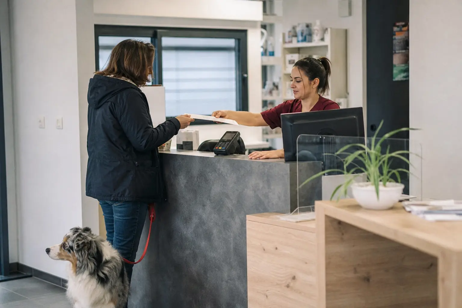 Client réglant au comptoir d'une clinique vétérinaire pendant que l'assistante lui remet un document, un chien en laisse à côté